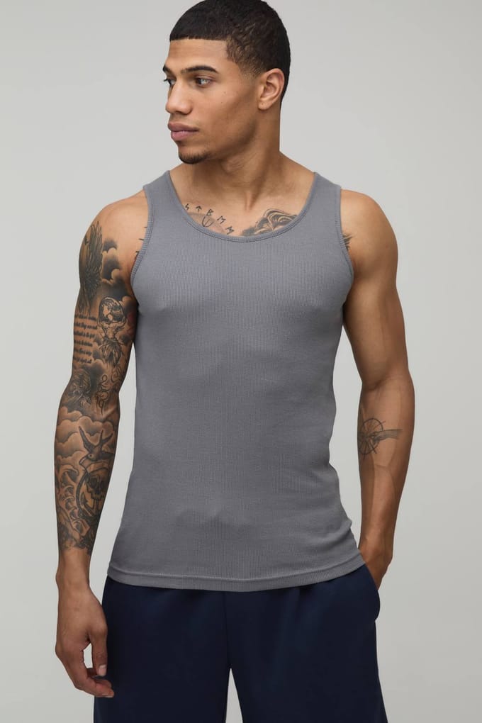 Essential Muscle Fit Ribbed Vest | Grey | Size XL