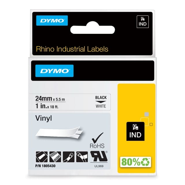 DYMO Rhino industriële Vinyl Labels | 24 mm x 5,5 m | zwarte afdruk op wit | zelfklevende labels voor Rhino & LabelManager labelprinters
