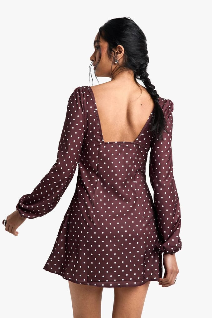 boohoo Dames Polkadot Melkmeisje Mini-Jurk | Brown | Maat: 10