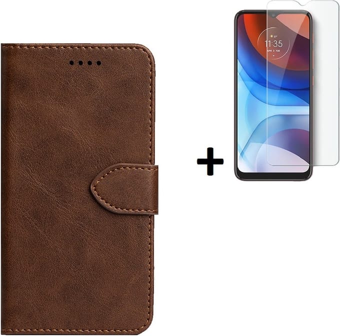 Hoesje Geschikt voor Motorola Moto E20 - Screenprotector Motorola Moto E20 - Wallet Bookcase Bruin + Screenprotector