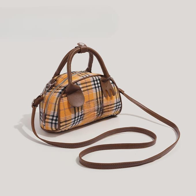 Sac Niche Rétro Sac Bowling Plaid Sac à Main Sac Épaule Commuter Mode Sac Bandoulière Femme brown