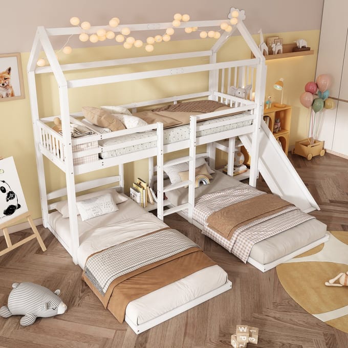 OKWISH Stapelbedden Voor Kinderen - 90x200 - Drie Bedden - Met Glijbaan - Hout - Wit