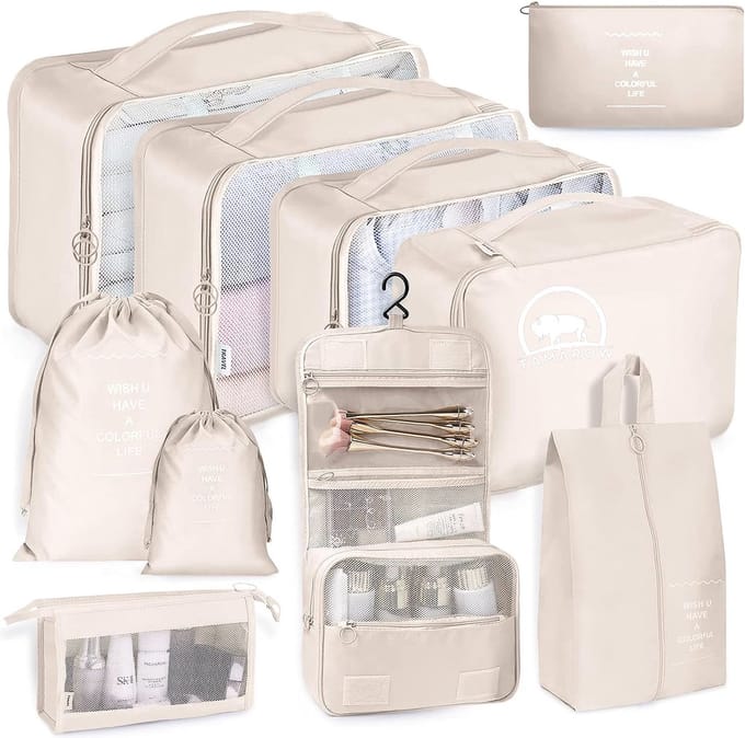 Tamarow Packing Cubes Set 10 Delig - Bagage Organizers - Travel Backpack Organizer - Kleding Organizer - Beige