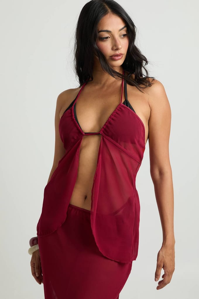 boohoo Dames Haltertop En Maxi Rok Co-ord | Bordeaux Rood | Maat: 44