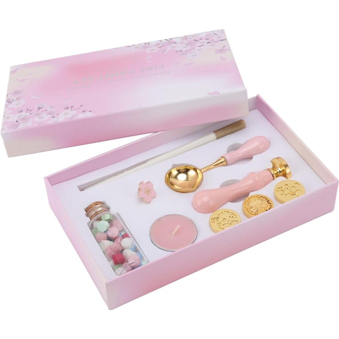 Kit de tampons à cacheter, motifs de tampons remplaçables, kit de tampons à cacheter en cire avec manche en bois, broche Sakura rose