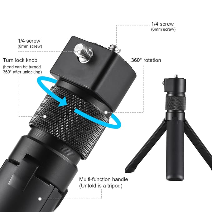 Uitschuifbare Onzichtbare Selfiestick Kit met Draaibare Handgreep Statief Aluminiumlegering 1/4 Inch Schroef zwart