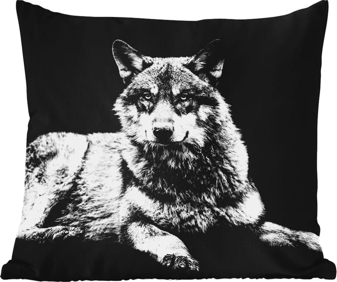 Tuinkussen - Wilde dieren - Wolf - Zwart - Wit - 40x40 cm - Weerbestendig