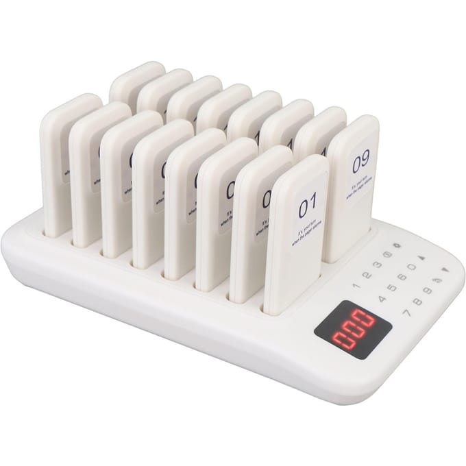 Restaurant Pagersysteem 1 tot 16 Vibratie Buzzer Knipperende Modussen 433.92MHz 500m 999s Draadloos EU Plug wit
