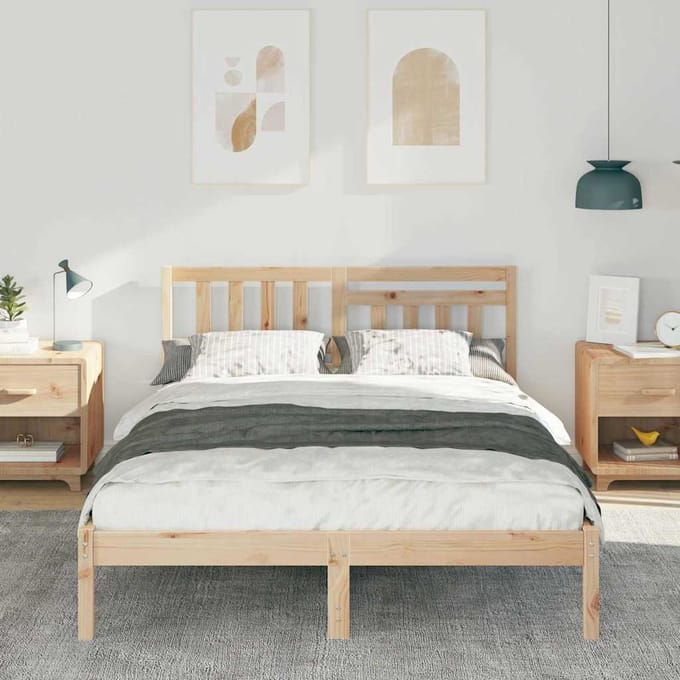 vidaXL - Bedframe - met - hoofdeinde - Bruin - 135 - x - 190 - cm - Massief - grenenhout