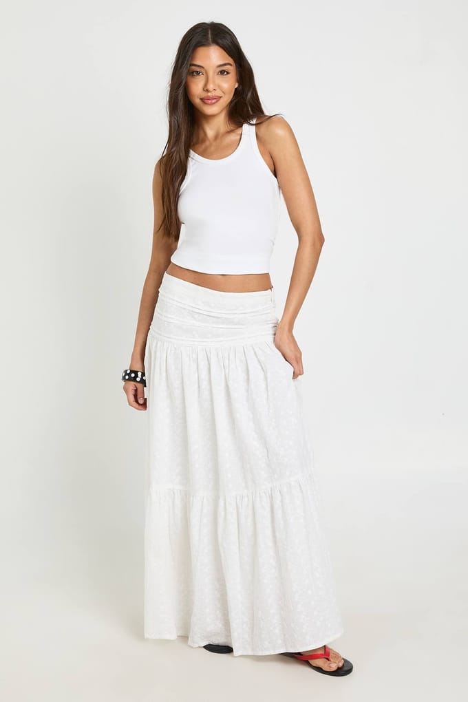 boohoo Dames Broderie Maxi Gelaagde Rok | Wit | Maat: 42