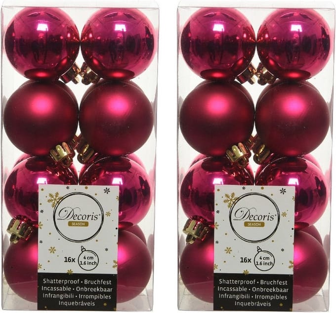 Decoris kleine kerstballen - 64x st - bessen roze - 4 cm - kunststof - kerstversiering
