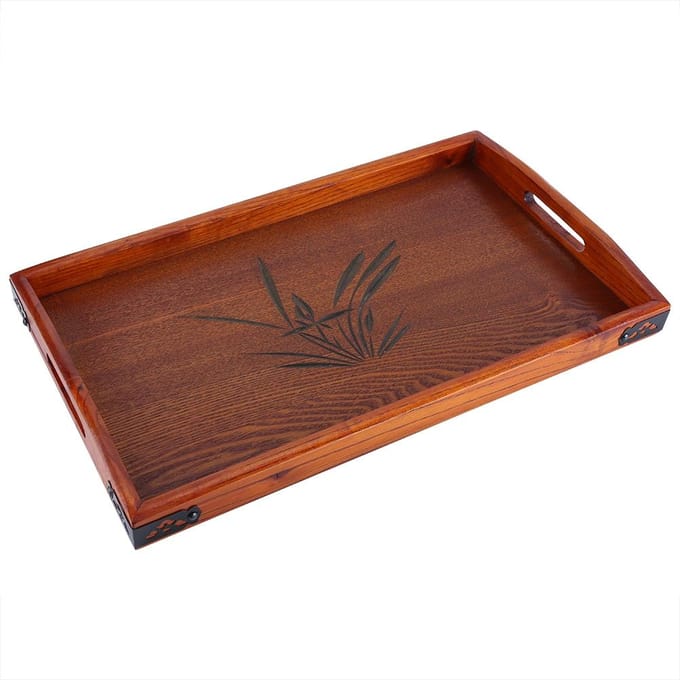 Large Wood Serving tea Water Drinks Tray Wooden Breakfast Tea Serving Tray With Handle brown