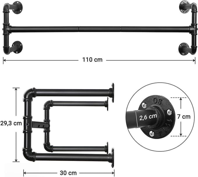 FurnStar kledingrek - 110 x 30 x 29,3 cm - Zwart - Metaal