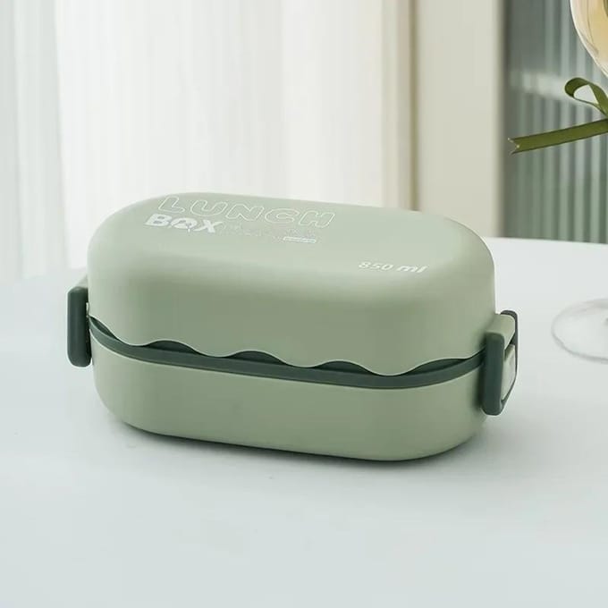 850ML Lunchbox Dubbellaags Plastic Compartiment Lunchbox met Lepel Gesp Lekdichte Voedselopbergcontainer Verzegelde Picknickdoos beige