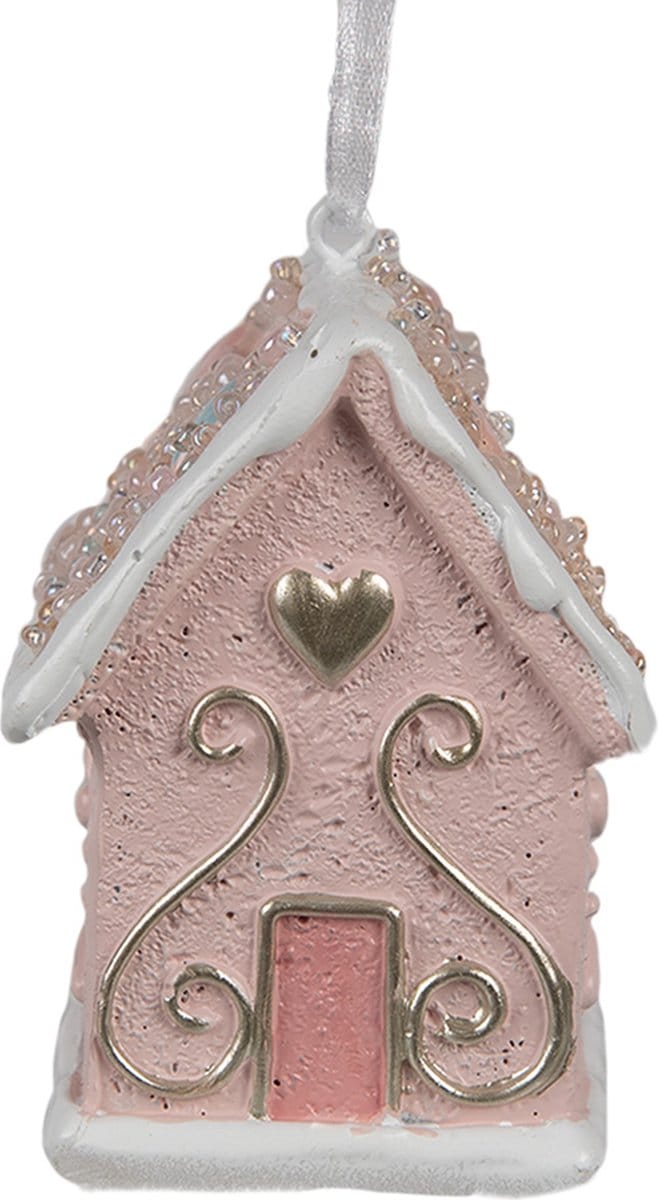 Clayre & Eef Kersthanger Gingerbread house 4x4x6 cm Roze Polyresin