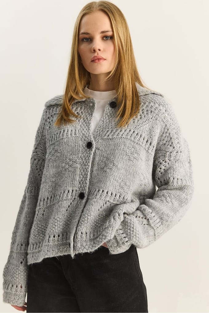 Gestructureerde Polo Kraag Knopen Cardigan