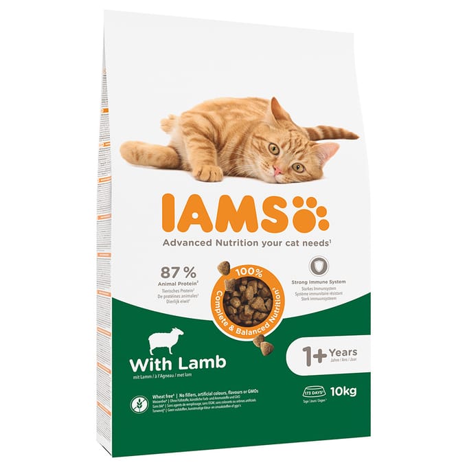 IAMS droogvoer voor volwassen katten met lam - Complete voeding voor een gezonde spijsvertering, 10kg zak