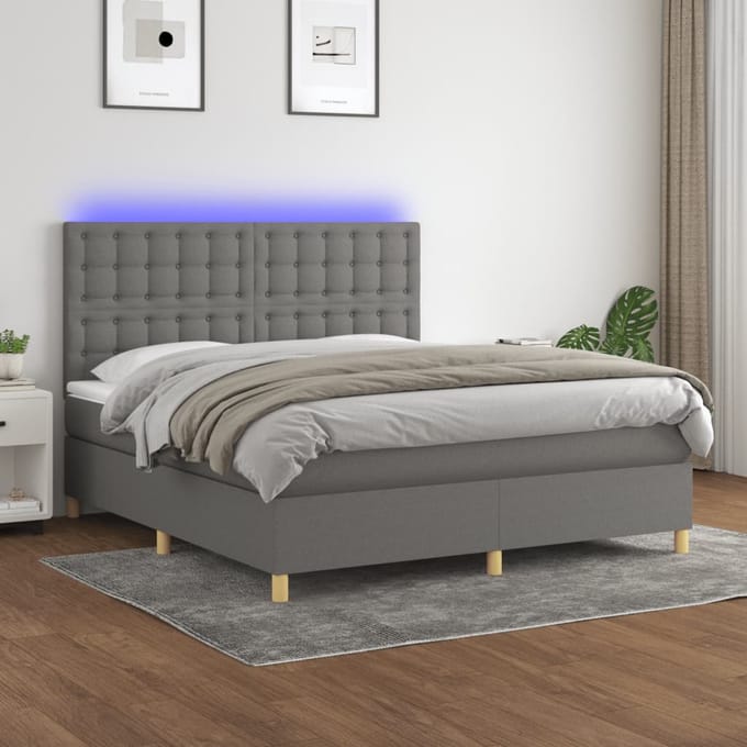vidaXL - Boxspring - met - matras - en - LED - stof - donkergrijs - 180x200 - cm