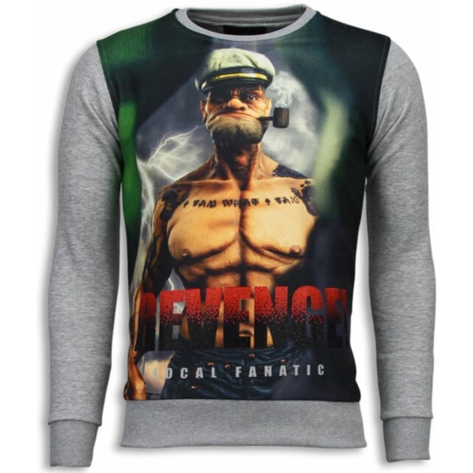 Popeye Revenge - Digital Rhinestone Sweater - Licht Grijs