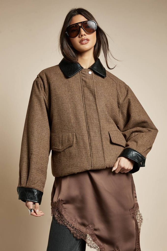 boohoo Dames Oversized Check Wool Look Bomber Jacket | Brown | Maat: 8