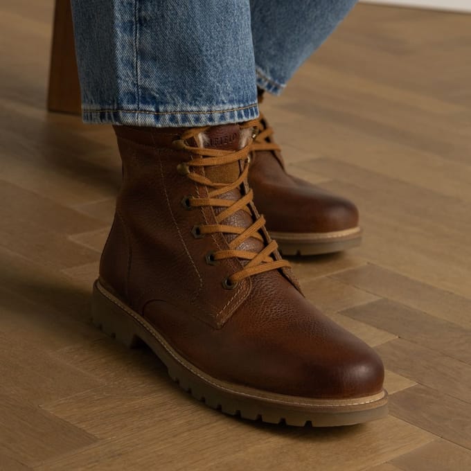 Manfield - Heren - Cognac leren boots met imitatiebond - Maat 43
