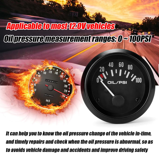 Jauge de pression d'huile Automobile réaménagement 52mm Instrument de pression d'huile Automobile 0 ~ 100PSI huile noir