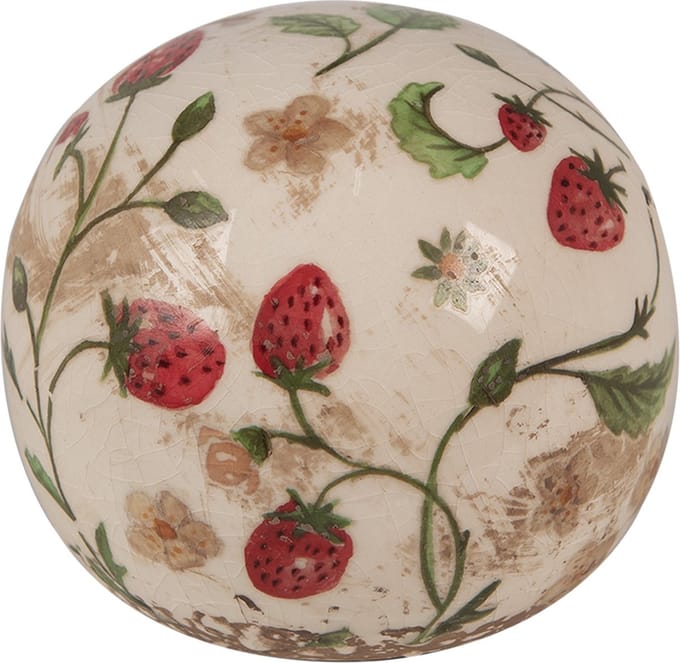 Clayre & Eef Decoratie Bal Ø 10x10 cm Beige Rood Keramiek Aardbeien