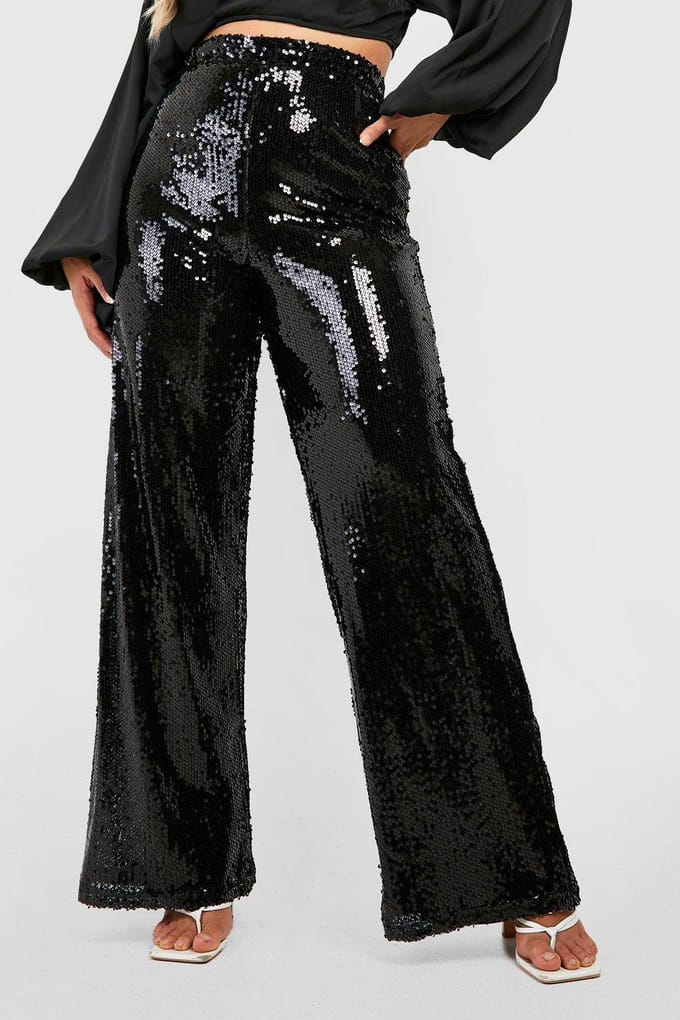 boohoo Dames Plus Pailletten Wijde Pijpen Broek | Black | Maat: 24