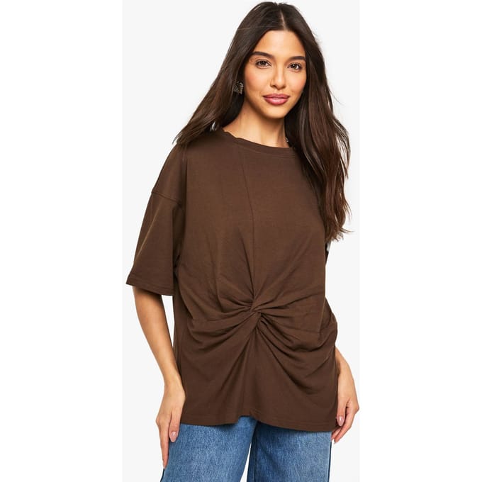 boohoo Dames Gathered Front Twist T-Shirt | Chocolate | Maat: 6