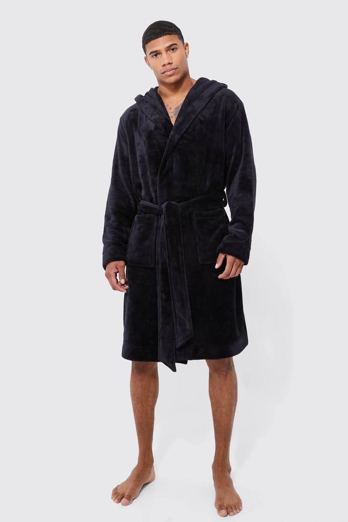 Hooded Dressing Gown | Black | Size Medium