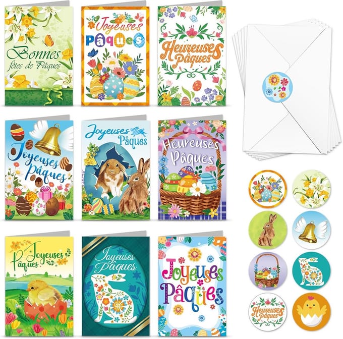 Set van 9 Franse Paaswenskaarten met Envelop en Stickers