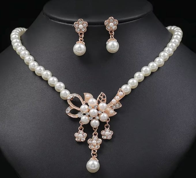 N3 Collecties Modieuze parel bloem ketting en oorbellen set voor Dames