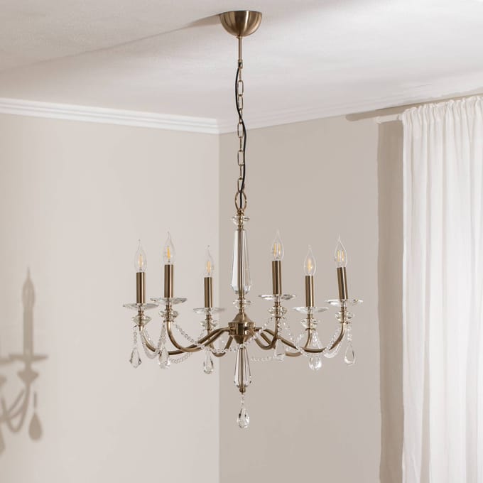 Lucea Kroonluchter Adone, 6-lamps, messing, Ø 70 cm, kristalglas