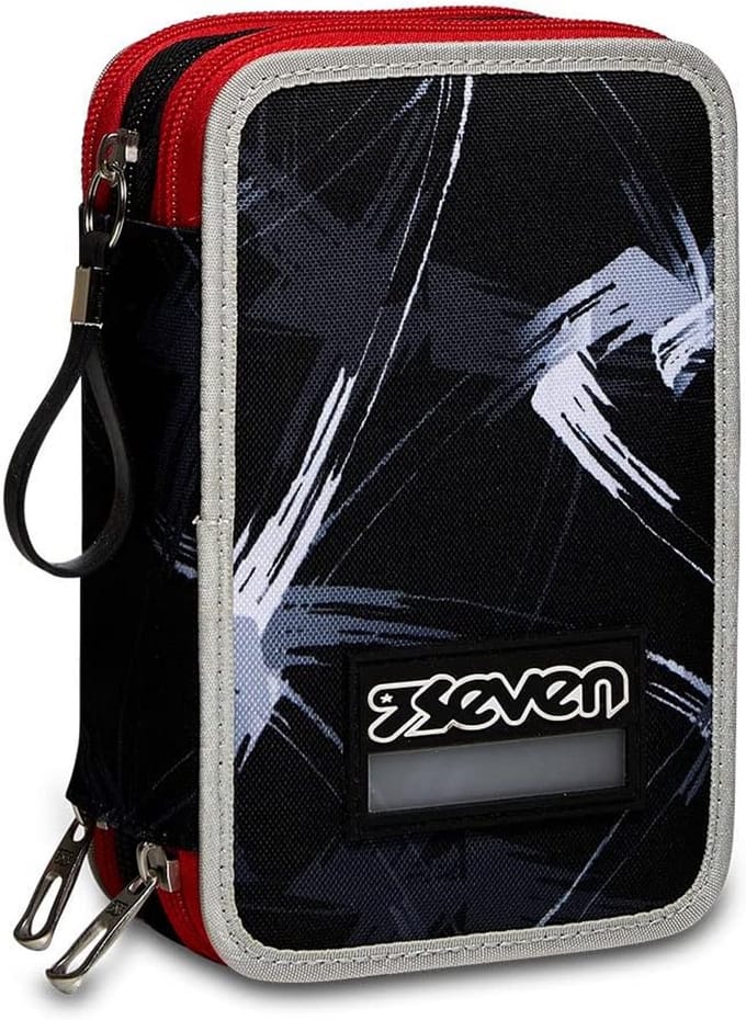 Seven case with 3 zipper, Snaky Boy, equipped with pencils, markers etc, black, school and leisure