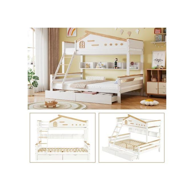 Stapelbed - MUVOE - 90x200cm & 140x200cm - Wit + Naturel - 2 lades - Schuine ladder wit
