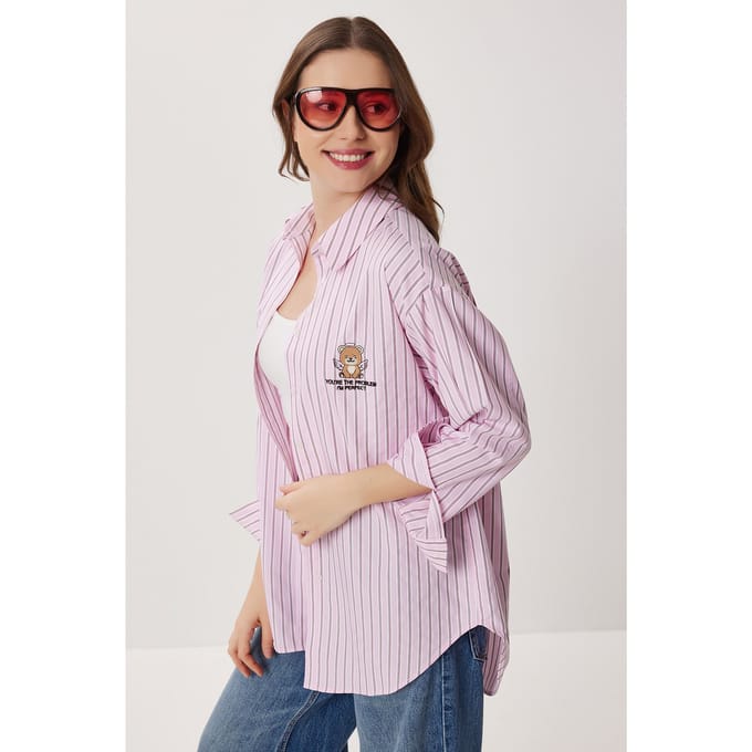 Oversized Gestreepte Poplin Shirt met Borduursel