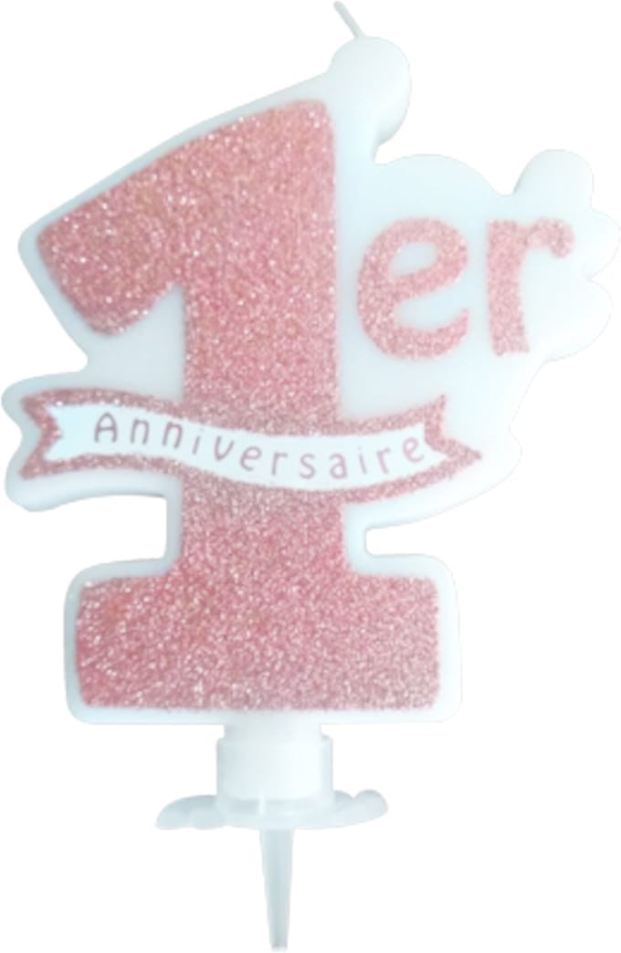 ARTYFETES - 1e Verjaardagskaars roségoud glitter 10 x 8 cm met taarthouder