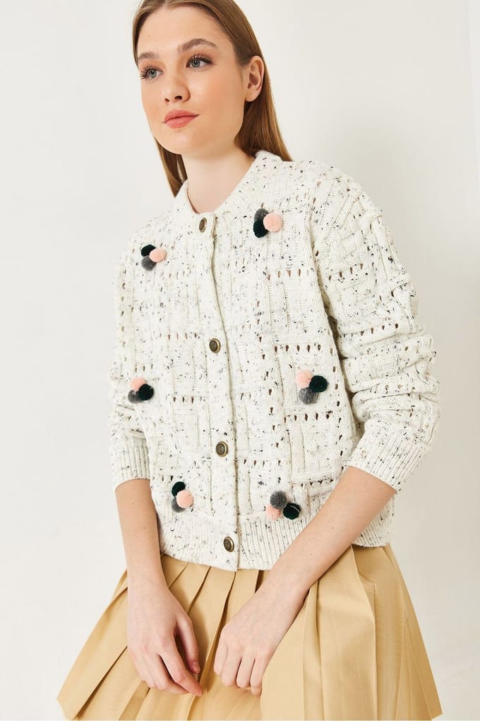Getextureerde Trui Cardigan met Pompom