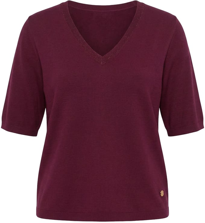 Ulla Popken - Dames - Trui elastische zoom V-hals korte mouw glitter - Wijnrood - Maat 58+