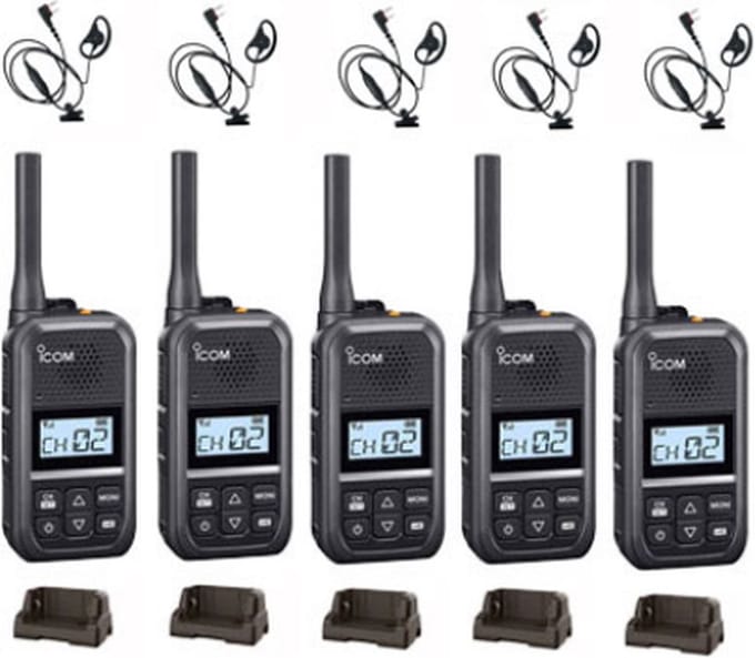 Set van 5 Icom IC-U20SR IP54 mini Portofoon met tafel lader en D-shape oortje