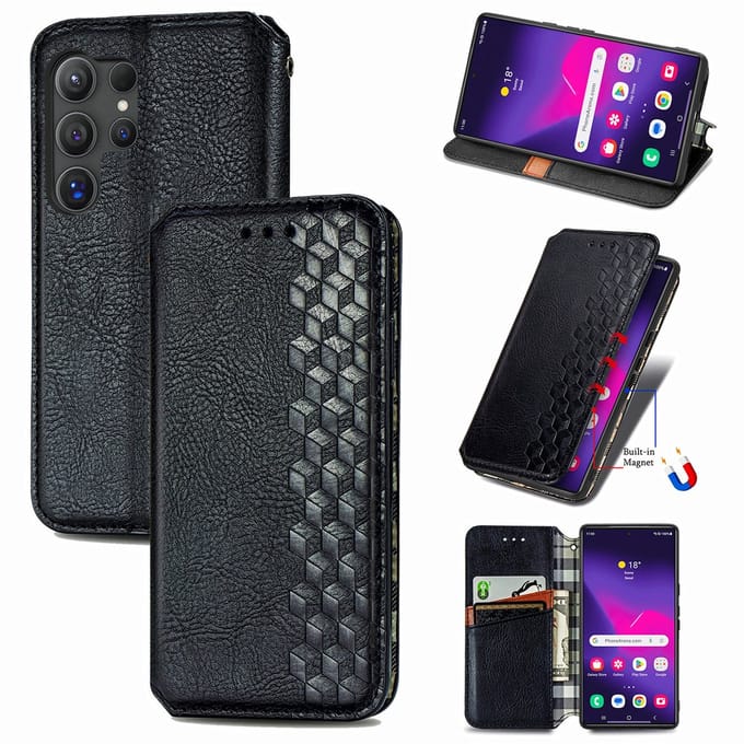 Luxe PU Lederen Ruitpatroon Wallet Case + Screenprotector voor Galaxy S24 Ultra _ Zwart
