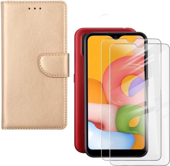 hoesje Geschikt voor: Samsung Galaxy M10 Portemonnee Goud met 2 stuks Glas Screen protector