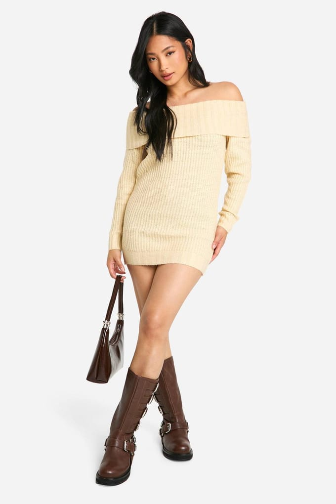 boohoo Dames Petite Wide Rib Bardot Halslijn Mini Jumper Jurk | Steen | Maat: Medium