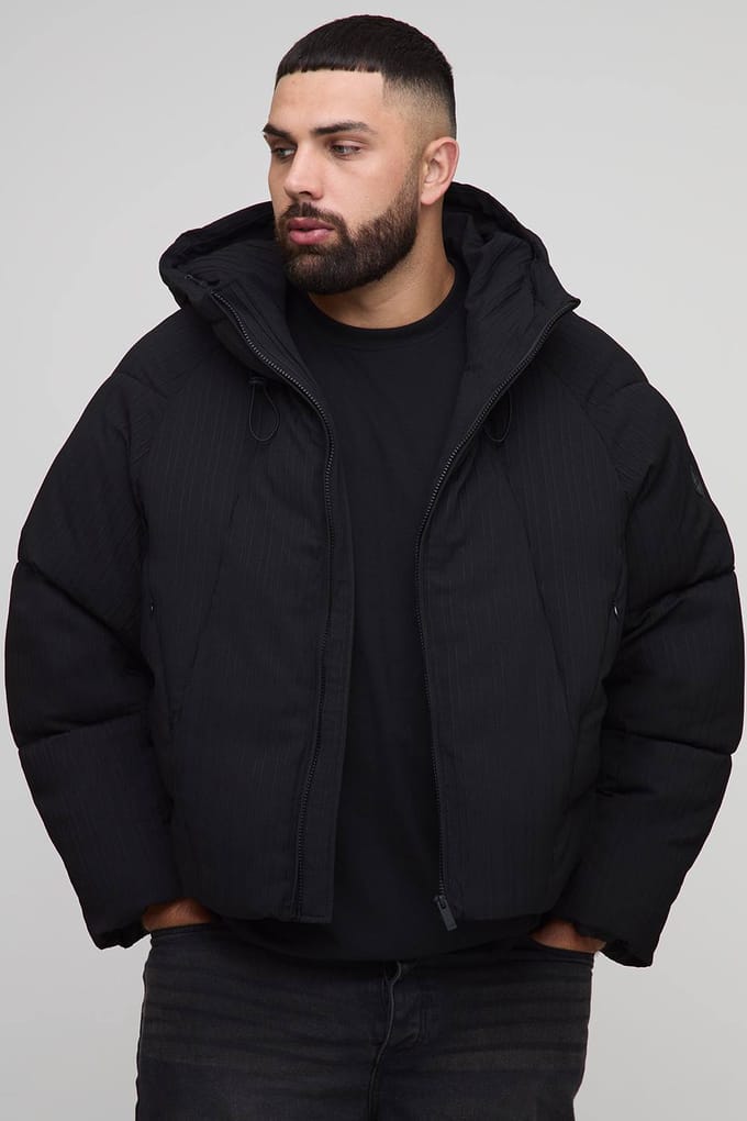 Plus Regular Fit Textured Curved Panel Puffer Jacket | Black | Size 2XL
