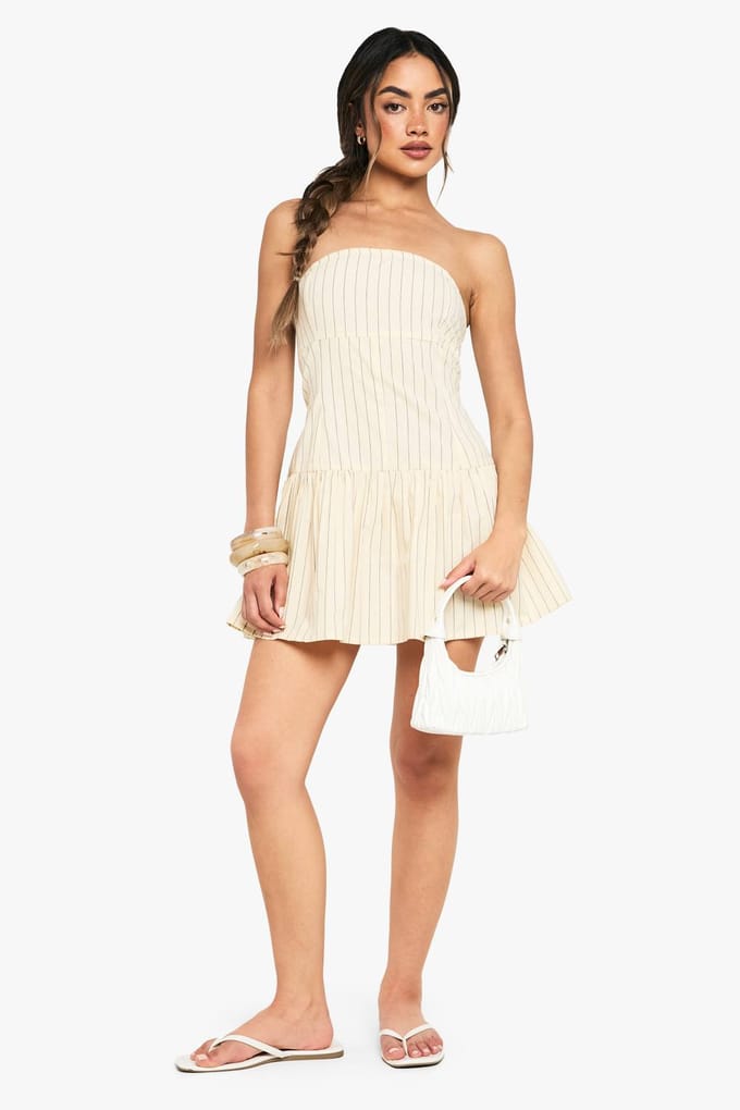 boohoo Dames Stripe Linen Look Button Down Peplum Mini Jurk | Ecru | Maat: 42