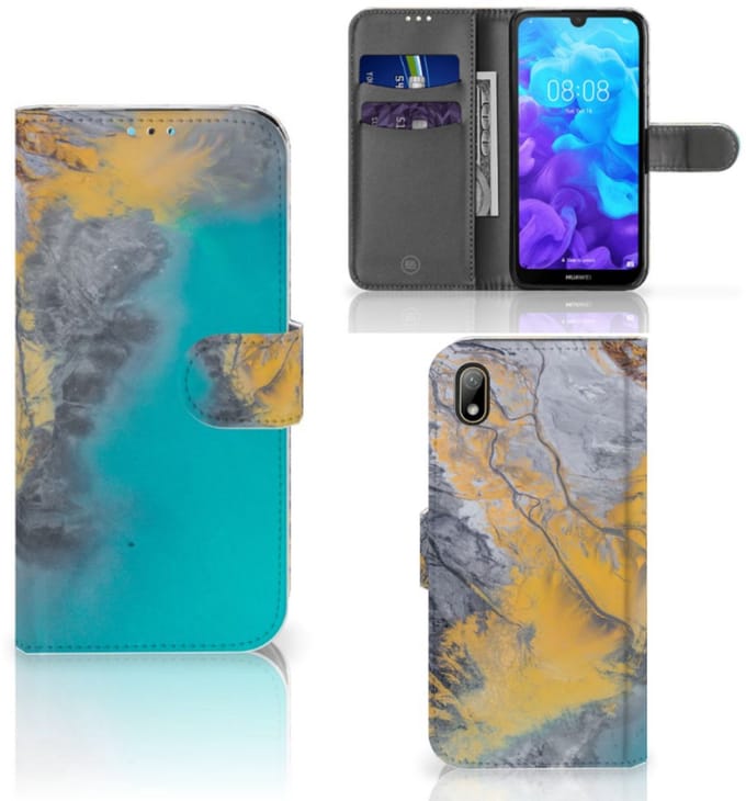 Book Case voor Huawei Y5 (2019) Bookcase Marble Blue Gold
