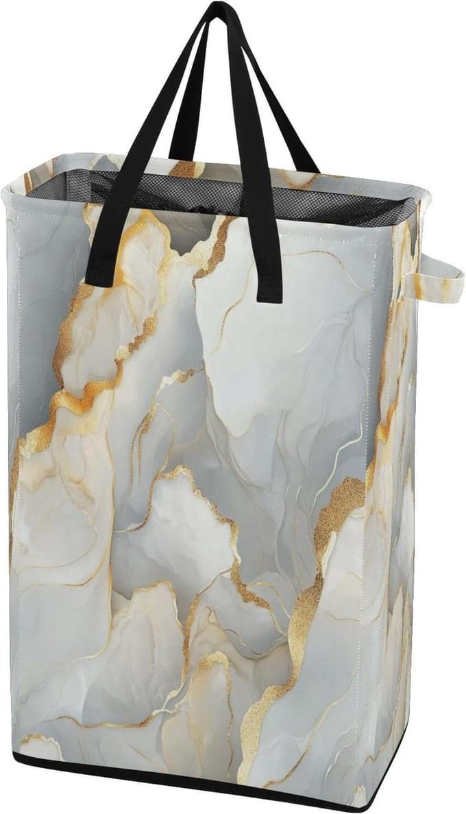 Wasbak met handgrepen - Kleding mand - Wasgoed sorteren - Vrijstaande constructie - 48L capaciteit - Marmer wit