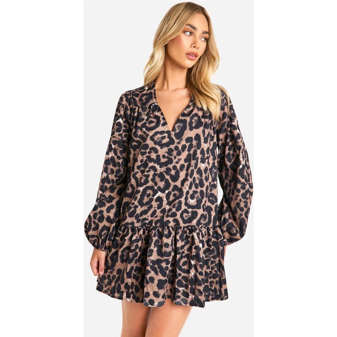 boohoo Dames Leopard Drop Hem Smock Jurk | Bruin | Maat: 36