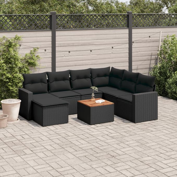 vidaXL - 8-delige - Loungeset - met - kussens - poly - rattan - zwart