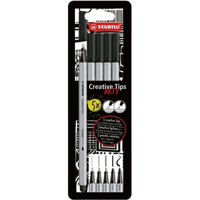 STABILO Creative Tips - Pennenset met diverse puntdiktes – ARTY – Etui met 5 stuks – Zwart